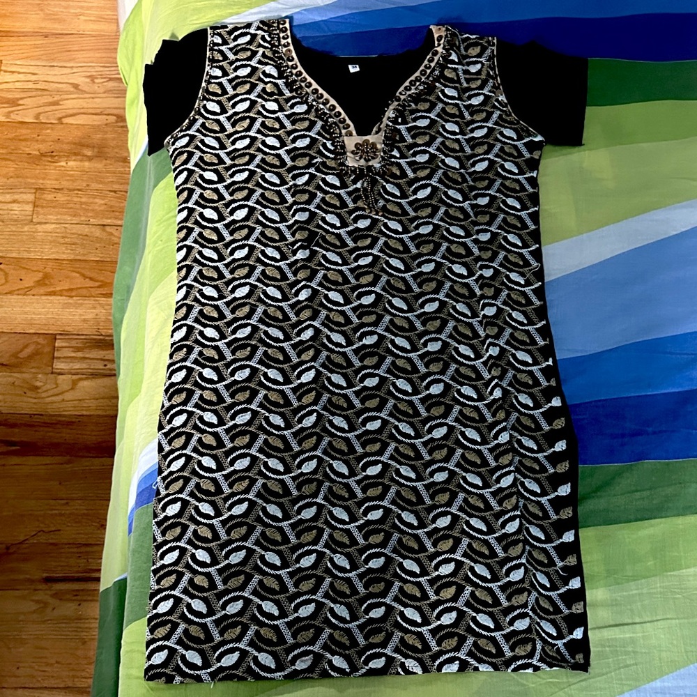 Elegant Black and Gold Patterned Embroidery Kurta dress for women.